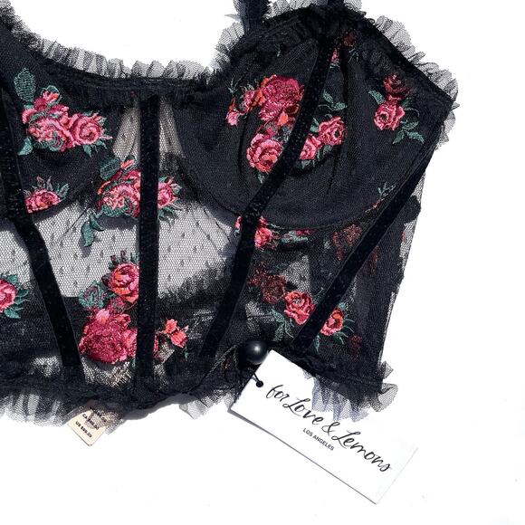 For Love And Lemons Bustier Bra Womens Small Black Mesh Embroidered Underwire - Picture 2 of 8